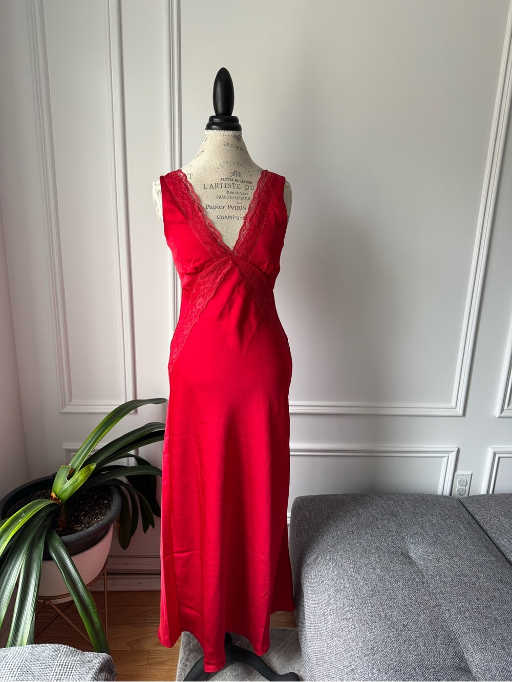 Thirty Thirty Red Lace-Trim Slip Maxi Dress